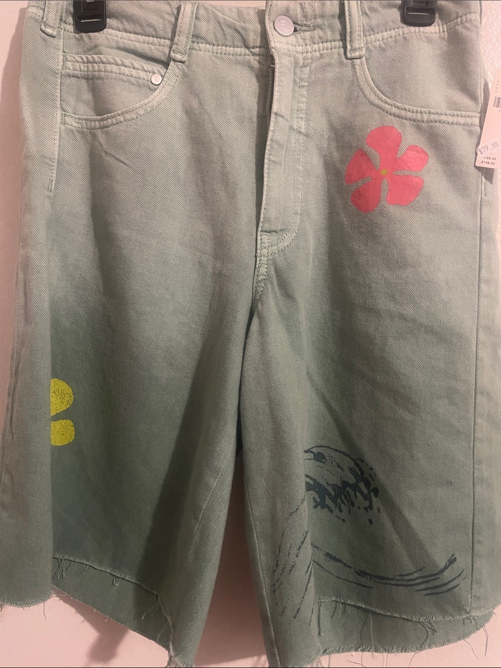Anthropologie Sage Green Painted Denim Shorts with Pink & Yellow Accents